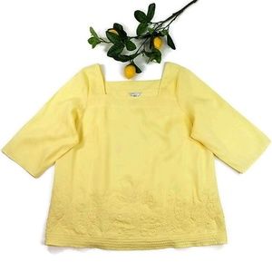 Tweeds Yellow Needlework 3/4 Sleeve Linen Blouse Womens 2X
